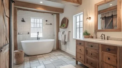 Freestanding tub under a beamed ceiling, with a wood vanity and white subway tile