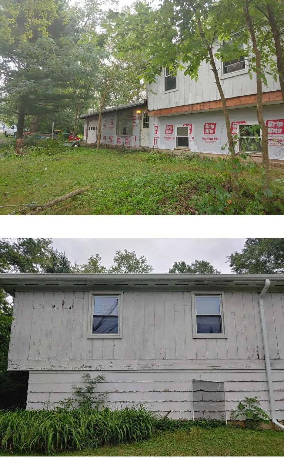 Wall stripped to housewrap, and the same wall with new siding on