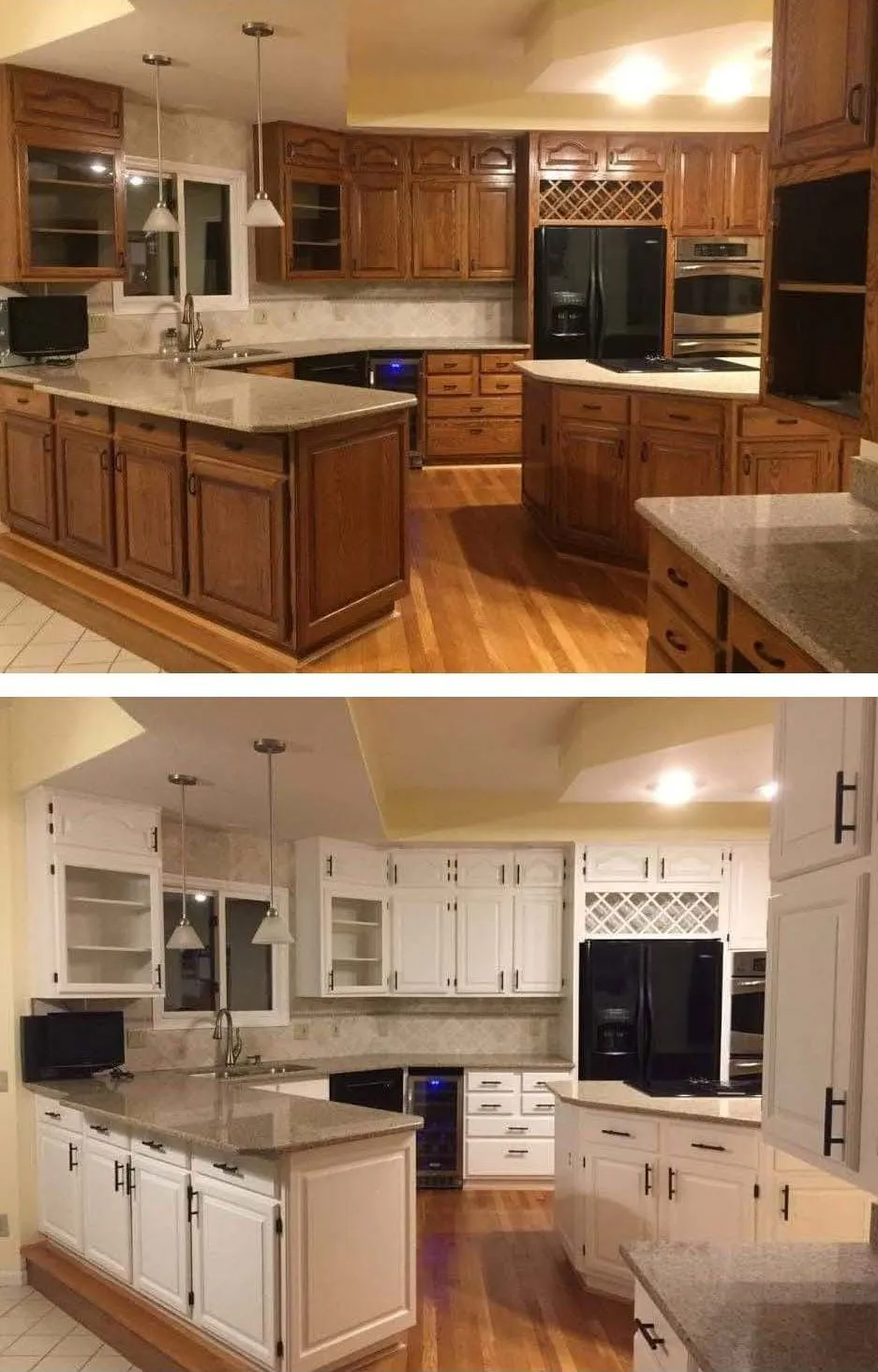 The same kitchen before and after the cabinets were refinished