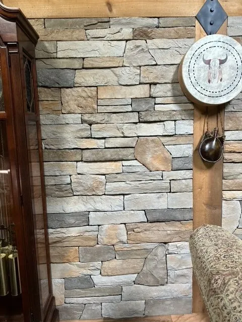 Stone veneer with timber trim